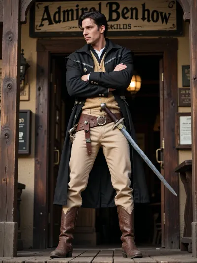 male dressed in traditional western outfit colored tan, brown and black. over the western outfit is a long duster style black jacket. the man has a long sword on his side modeled after a traditional European style. the belt the sword is on is loose fitting in the front. the male is wearing cowboy boots. the male has dark brown hair and is a bowl cut shave along the side of his head. his arms are crossed. he is looking to his left.
He is entering a Western style saloon entrance, The sign above the door reads “Admiral Benbow”, cinematic shot, dynamic lighting, 75mm, Technicolor, Panavision, cinemascope, sharp focus, fine details, 8k, HDR, realism, realistic, key visual, film still, cinematic color grading, depth of field.