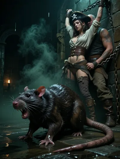 Fantasy setting, cgi Render with imperfections saturated deeply in ultra dark green colors Style, The scenario is enveloped in the deepest darkness imaginable, Technically the entire image is going to dark black while being underexposed by 3 stops, filled with dark thick, swirling dark green steam and dust that obscures every surface, The air is heavy and thick, and no ray of light penetrates the suffocating haze, Ultra low key cinematic realism, deep underexposure, dense blacks, wet reflective highlights, oppressive darkness, a frighteningly close side profile full body view of a large adult water rat dominates the foreground, The rat screeches and bares its sharp teeth, the animal fills most of the frame from nose to tail, body low and tense, coarse soaked brown black fur clumped into straggly strands, wild glossy eyes, long wet whiskers with droplets, narrow aggressive muzzle, dirty claws gripping the slick stone floor, the face clearly rat-like and menacing rather than friendly, the long naked scaly tail lies heavy on the wet ground from base to tip, fully visible, naturally curved, every ring, wrinkle, pore, scar and sparse hair rendered with extreme photorealistic precision, behind the rat in the darker background of a damp medieval dungeon, a pirate woman, 28 years old, stands imprisoned against the wall, exhausted and dirty, wearing torn sweat stained weathered historical pirate clothing, battered tricorn hat, ripped blouse, firm breasts, worn belts, pulled down trousers, nude vagina, pubic hair, and muddy boots, her arms stretched straight upward above her head and fixed high against the wall so she cannot lower them, her wrists locked in forged iron shackles attached to thick rusty chains anchored deep into the masonry, beside her a jailer, 50 years old, fucks her from behind, penis fucks pussy, overweight, bald, rough and unclean, in grimy work clothes and heavy boots, looming close as he fucks her roughly, the entire dungeon darker, smokier and more shadow filled, wet stone walls, rust, puddles, faint mist and distant torch glow, only a minimal cold sidelight grazing the rat and catching subtle edges of the figures, no clean bright light, premium full frame photographic realism, strong micro contrast, subtle analog film grain.