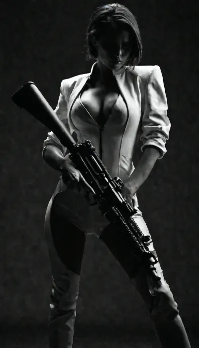A woman in a striking white and black outfit stands poised, gripping a firearm with practiced ease, while a second gun looms in the shadowed background, framing her silhouette. She holds a confident, steady pose, her gaze sharp and unyielding, evoking a mood of tense anticipation and quiet menace. The scene is dominated by stark contrasts of crisp white and deep black, punctuated by cool metallic tones that highlight the weapons’ sleek edges. Dramatic lighting carves her form with bold highlights and deep shadows, intensifying the sense of danger and mystery. Shot from a low, dynamic angle, the composition thrusts her legs and the foreground gun into powerful perspective, drawing the eye toward the distant weapon like a promise of unfolding action. The artistic style blends comic-book boldness with anime-inspired finesse, where her taut posture, flowing fabric, and stylized gun design fuse into a cinematic, story-driven tableau.