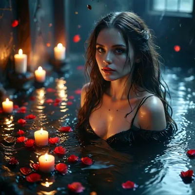 (Dark Fantasy Artwork), artistic, high angle, 40 yo, belle caucasian female, pale skinned, dark long hair, sitting in black water and black rose petals, dark makeup, smoky eye, black rose petals floating on the water, candles lit in the background, steam rising, dark tiled walls, seductive expression, dim lighting, gothic style, natural beauty, /KlTTY-ART/, <lora:COMFYUI_mimic_landscape_-_XL_SDXL v2.0:.9>, <lora:MJ52:.1>