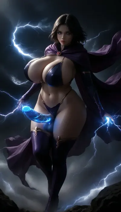 score_9, score_8_up, score_7_up, (futanari:1.5), (Reiq style:.6), Raven from DC comics, (huge breasts:1.7), (huge cleavage:1.5), (perfect erect penis), (skimpy intricate Raven Suit:1.5), (Glowing blue eyes), (((((Glowing blue eyes))))), full length gloves, (pale skin), colorful, vivid, beautiful, HD, masterpiece, thigh high boots, (glowing blue cock with lightning), (windblown wild black hair with purple streaks), (windblown large purple cape), action pose, detailed body, hips, fantasy, (she is holding her penis with one hand), ((((scene takes place in a energy storm with lightning)))), (extremely realistic), <lora:dark:1>, <lora:bombshell_v2:.3>