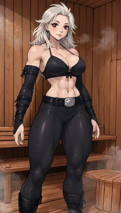 (innv meets jack cayless style), (reiq style, masterpiece, cel-shaded, limited color palette), ((Beautiful Muscles Sexy Noi from Dorohedoro anime body:1.4)), (sauna, steam, sauna background:1.2), (1girl, solo, alone, 21 year old woman), (pale skin:1.4), (gorgeous, silver-white hair, red eyes, seductive face, perfect ads, perfect big breast, muscles are well defined, muscular body, muscular arms, perfect hands, muscular legs, big ass, sweaty body), (five piercings on each ear), (Halter Top open Front strap laced Up Black), (tight black Laced-Up side pants), (leather belt), (arm sleeves leather armored), (black strap boots), (standing posing), no horns, ultraviolet light, LoL, Style, lineart, line, art, flat, colors, color, extrmusc, <lora:LCMTurboMix_Euler_A_fix:2>, <lora:lineartSDXL:2>, <lora:mk_Bp Anime_xl:2>, <lora:EnvyBeautyXL02:2>, <lora:ExtrMusc:2>