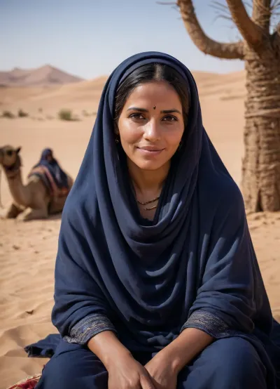 A mature Tuareg woman with jet-black eyes looks deeply into your eyes, lifts her veil from her face, and smiles meaningfully, she is wearing traditional dark blue clothing. Veiled, with a very large bust, she is sitting in the Sahara, in an oasis with a small lake. A tent in the background, camels, a campfire with a tagine in the foreground—a realistic scene