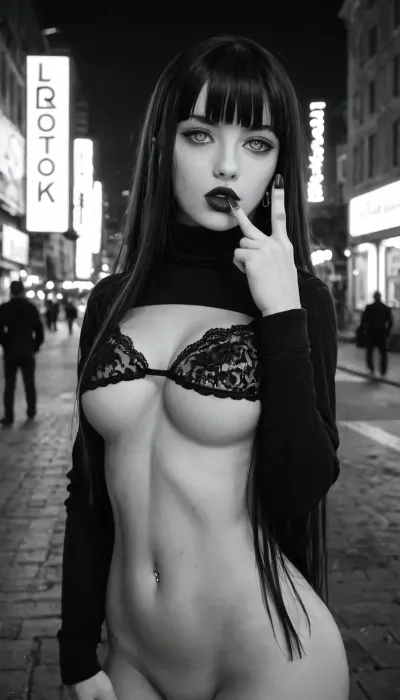 pic, (xbsx, otonoha aika:1.2), huangdanlan, (kotteri), 1girl, solo, black hair, blunt bangs, long hair, white eyes, no pupils, expressionless, black long nails, black lace bra, finger to mouth, piercing, turtleneck compression shirt, long sleeves, gothic, darkness, gloominess, posing, black lips, tongue, half-closed eyes, night, city, (greyscale, monochrome:1.2), middle finger, nude breasts, medium breasts, full body