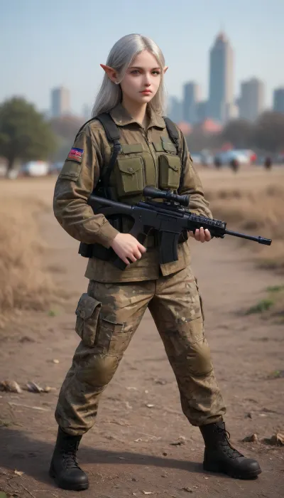 beautiful female elf in camouflage and boots with futuristic rifle in her hands, solo in foreground, ((silver hair, elf ears, realistic soldier field outfit of 21th century, modern soldier camouflage, modern combat boots)), city streets with Victorian dressed people around