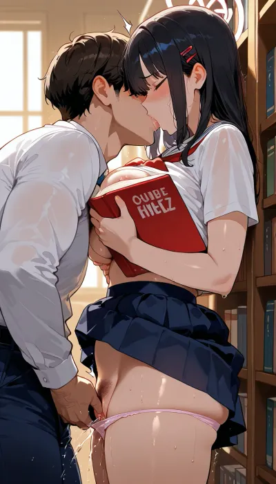 Girl and boys, reading book, library, between two men.next to a man, Uniform, panties pulled down, man fingering her pussy, molesting her.cuddling her.sucking her tits. Small breastz.Groping her breast.She is embarrassing, moaning, squirting.side view, struggling. Black hair. Hairy, 1.3.