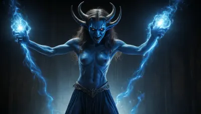 inkwork, mysterious, (WHIMSICAL:2), dark, fantasy, brilliant, ILLUSTRATION, (unhinged DEMON:1.5), BLUE LASER_LIGHT_painting