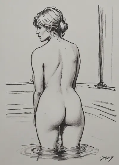(Vex from Skyrim, 30 year old, scandinavian, blonde medium hair, medium breasts, naked), (bathing in water), rear view, lineart, black and white, high contrast, bend ass, bent over, undressing, present ass, pencil sketch, monochrome, nude portrait, posing like artist's model, pencil, drawix17, dwx17, <lora:sketch_it:1>, <lora:Pencil_Sketch-06R:.5>, <lora:drawix17:.1>