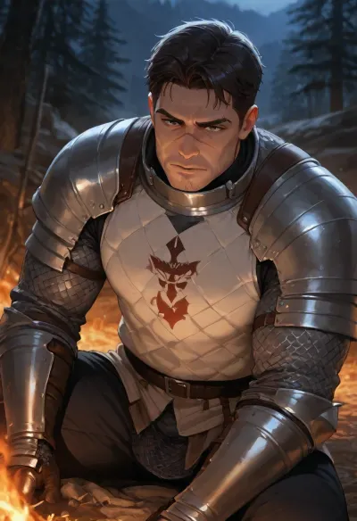 masterpiece, best quality, absurdres, newest, highres, very aesthetic, 1boy, solo, mature male, adult, knight, short hair, dark brown hair, stubble, grey eyes, scar across eyebrow, broken nose, broad shoulders, muscular, chainmail, padded gambeson, no helmet, night camp, dying campfire, dramatic lighting, cinematic lighting, looking at viewer, detailed face, detailed eyes