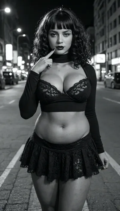 pic, (xbsx, dark skinned:1.8), huangdanlan, (kotteri), 1girl, solo, black curly hair, blunt bangs, long hair, white eyes, (chubby:1.4), no pupils, expressionless, black long nails, black lace bra, finger to mouth, piercing, turtleneck compression shirt, long sleeves, gothic, darkness, gloominess, posing, black lips, tongue, half-closed eyes, night, city, (greyscale, monochrome:1.2), middle finger, big cleavage, (wearing a vibrant, bright red micro-skirt), medium breasts, full body