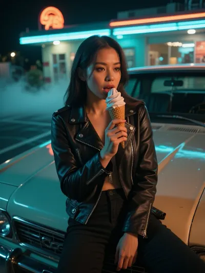 A cinematic, atmospheric photograph of a stunning Korean woman with striking features, wearing a leather jacket and black jeans. She is sitting on the hood of a vintage car from the late 1960s in the parking lot of a secluded American diner at midnight. Cinematic neon lighting in shades of turquoise and orange creates dramatic shadows. She gazes at the ice cream cone in her hand with a pensive, whimsical expression. Shallow depth of field, haze in the air, realistic texture, award-winning composition, ultra-high resolution, high quality
