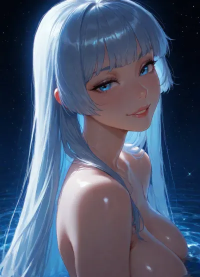 (Glitch), 1girl, standing in the ocean at the beach. Chest deep water, Kelli, ______1girl, smiling, naked shoulders, side view, head focus, detailed face, (big bright blue eyes), looking at viewer, naughty face, space background, (incase:.8), masterwork, masterpiece, best quality, high detailed, light through hair, very aesthetic, 8k, flash on the girl., backlight, edge lighting. 1girl, solo, long hair, eye, focus, mid view, sparkle, looking, at, viewer, glowing, eyelashes, (gu, zhang, feng\), detailxl, <lora:Jeweled eyes-NAI:1.3>, <lora:Space_sdxl:.9>, <lora:FF-Style-Dall-e-FFusion-Surrealism:.8>
