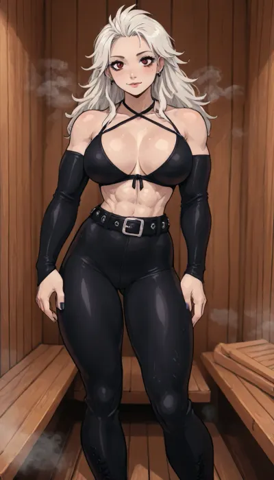 (innv meets jack cayless style), (reiq style, masterpiece, cel-shaded, limited color palette), ((Beautiful Muscles Sexy Noi from Dorohedoro anime body:1.4)), (sauna, steam, sauna background:1.2), (1girl, solo, alone, 21 year old woman), (pale skin:1.4), (gorgeous, silver-white hair, red eyes, seductive face, perfect ads, perfect big breast, muscles are well defined, muscular body, muscular arms, perfect hands, muscular legs, big ass, sweaty body), (five piercings on each ear), (Halter Top open Front strap laced Up Black), (tight black Laced-Up side pants), (leather belt), (arm sleeves leather armored), (black strap boots), (standing posing), no horns, ultraviolet light, LoL, Style, lineart, line, art, flat, colors, color, extrmusc, <lora:LCMTurboMix_Euler_A_fix:2>, <lora:lineartSDXL:2>, <lora:mk_Bp Anime_xl:2>, <lora:EnvyBeautyXL02:2>, <lora:ExtrMusc:2>