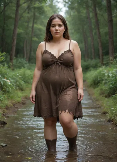A chubby 18-year-old with a round face, freckles, and a flower-patterned lace summer dress, dripping wet. She is splattered with mud. She is playing in wellies in a muddy puddle on a muddy forest path