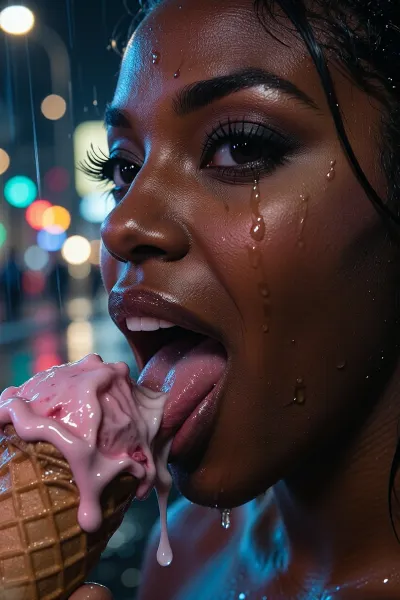 A cinematic shot capturing a close-up of a stunning Black woman as she licks a melting ice cream cone on a rain-soaked city street at night. Her clear, expressive dark eyes, framed by long eyelashes, raindrops on her face, and the melting pink ice cream in a waffle cone. The background features blurred neon lights. A masterpiece captured on camera, with extremely detailed skin texture, sharp focus, and photorealistic quality.