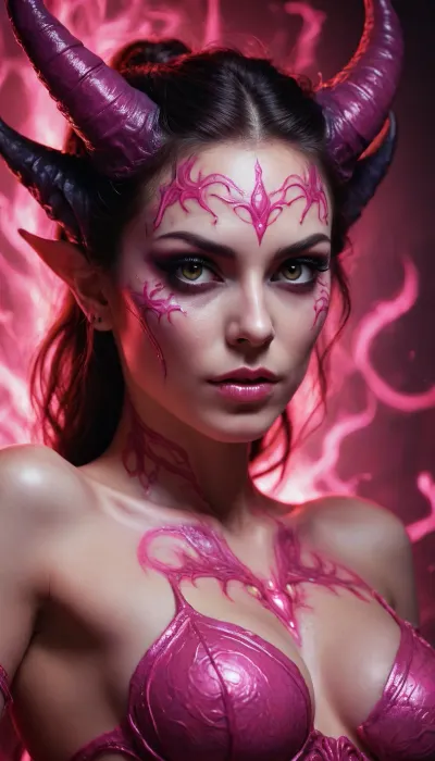 inkwork, mysterious WHIMSICAL dark fantasy, brilliant unhinged DEMONESS PINK LASER_painting