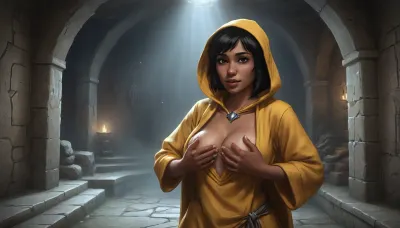 (Anwen from Skyrim, 40 year old, african, very dark tanned black skin, small breasts, very short black hair bobcut, neutral face), (inside medieval underground stone bathhouse, silver stone walls), (wearing yellow hood up, revealing open yellow medieval robes), (hands on breasts, squeezeing breasts), close-up view focusing on face above chest, blue atmosphere, (artwork, digital painting, fantasy art, loading screen art style), shirtspread, <lora:SDXLSamDoesArts:.1>, <lora:SumTim:.1>, <lora:Sinister_Style_SDXL:.1>