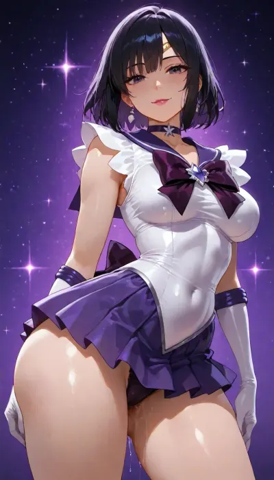 (((delicious ass fluid dripping and oozing from thighs))), (((brightly lit image))), 25 year old slut bitch girl of your dreams, purple sweetie wife with toned firm body, ((Sailor Saturn)), skirt, ((highly detailed face, dark eyes, lipstick)), ((costume cosplay sailor saturn dress purple satin and lace slut wife)), 38BB medium breasts, slight cleavage, slut wife, subtle smile, side pose pop hip to side, (goth:.9), (cute starry cosmic background)