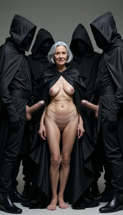 A full-body view at a distance of 4 meters, from head to toe. An elderly, innocent, topless, cheerful grandmother who's wearing a blouse, (an aged woman, 70 years old:1.8), . Her skin is that of a 70-year-old woman. The old lady has grey hair, (Small, long, and very saggy breasts:1.8), ((very detailed skin)), . Hair cut in a bob, surrounded by men's giant penises
A group of five figures standing together in a tight formation, mysterious and dark aesthetic, each person wearing long, voluminous black hooded cloaks, textured fabric with subtle glossy sheen, complete facial obscuration in deep shadows, neutral studio background, minimalist composition, avant-garde fashion photography style, high contrast, cinematic lighting, sharp focus, haunting atmosphere, monochromatic dark palette, 8k resolution, detailed drapery, high fashion runway look.