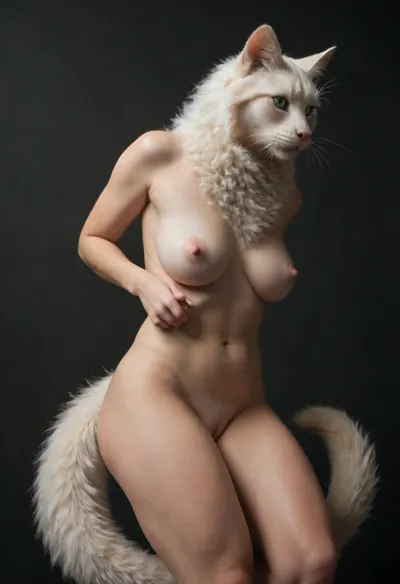 Photorealistic ultra-detailed erotic anthropomorphic furry woman, highly detailed hybrid of a beautiful young human female and a pure white Maine Coon cat, standing in a confident three-quarter view pose facing the camera with her upper body slightly turned, weight on one leg, head held high with a proud slightly stern expression matching the original cat’s intense gaze. She has large piercing bright green eyes with vertical slit pupils, long white whiskers, a soft pink nose, and tall pointed cat ears with long white fur tufts at the tips. Extremely long, dense, fluffy pure white and silver-tipped fur covers her entire body, especially thick and luxurious around the neck forming a massive elegant ruff, chest, and shoulders, with soft flowing fur cascading down her arms, sides, and hips, the fur has realistic individual strands, subtle gray shading on the lower body and inner legs, and a silky luminous texture under soft studio lighting. Fully anthropomorphic humanoid body with feminine curves, very large, heavy, round, perky breasts with soft natural weight and subtle fur covering the upper slopes while the lower curves and nipples remain more visible through shorter fur, narrow waist, wide hips, toned stomach, and long elegant legs ending in soft padded feline feet. She stands nude except for the dense natural fur, posed erotically with one hand lightly resting on her hip and the other arm relaxed at her side, chest pushed forward to emphasize the full volume of her breasts. Camera angle is a medium full-body shot from slightly below eye level, capturing her from mid-thighs upward in sharp focus against a pure solid black background, shallow depth of field, soft directional lighting from the front-left creating gentle highlights on the fur tips, breast curves, and facial features while casting soft shadows that enhance the three-dimensional volume of her body and fur. Extremely high detail on fur texture, individual hair strands, realistic skin-fur transition on the face, accurate ear anatomy, natural breast physics under fur, photorealistic material response, 8k resolution, masterpiece quality, intricate detail, cinematic lighting, erotic sensual atmosphere, highly realistic animal-human hybrid anatomy.