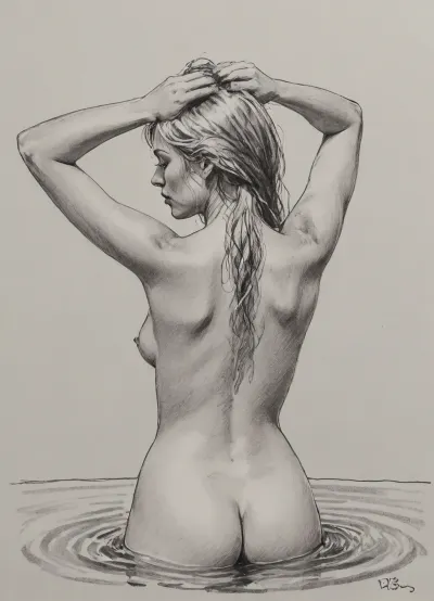 vex, naked, 30 year old, long blonde hair, small breasts, bathing in water, hands on head, view from behind, pencil sketch, monochrome, nude portrait, posing like artist's model, pencil, drawix17, dwx17, <lora:sketch_it:1>, <lora:Pencil_Sketch-06R:.5>, <lora:drawix17:.1>