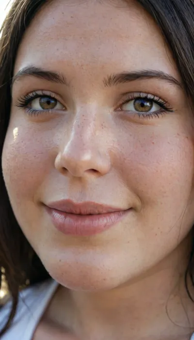 (Close up:.6), (georgian chubby face:1.2), gorgeous bbw face, beaty bbw, no makeup, thick lips, round face, stunning chubby face, black hair, sun rays, smile, brown eyes
