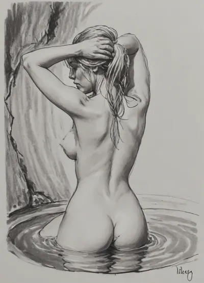 (vex from skyrim, naked, 30 year old, scandinavian, long blonde hair, small breasts, sexy slim body), (bathing in water, hands behind head), view from behind, pencil sketch, monochrome, nude portrait, posing like artist's model, pencil, drawix17, dwx17, <lora:sketch_it:1>, <lora:Pencil_Sketch-06R:.5>, <lora:drawix17:.1>