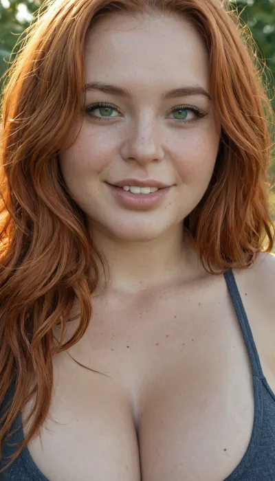 (Close up:.6), (busty bbw face:1.42), gorgeous bbw face, beaty bbw, no makeup, thick lips, round face, stunning chubby face, ginger hair, sun rays, smile, green eyes