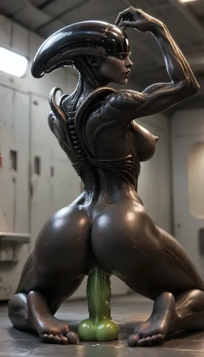 best shadow, 8k resolution, clear image, extremely intricate detail, ultra high definition, ultra sharp textures, full dynamic range, looking back at viewer, face focus, thick muscular thighs, perfect feet, perfect hands, (big ass:.8), (jet black skin:1.2), dark lipstick, small perky breasts, stiff nipples, narrow waist, flexing, Alien, solo, (muscular:1.1), (green dildo), fucking, (deep vaginal penetration:1.2), creampie, wet skin, oiled skin, alienailf, beautiful muscular female, short, young, sexy, xenomorph, xenowaifu, perfect pussy, plain green background, <lora:Aliens_AILF_SDXL:1.7>, <lora:female_xenomorph_sdxl_V2:1.5>