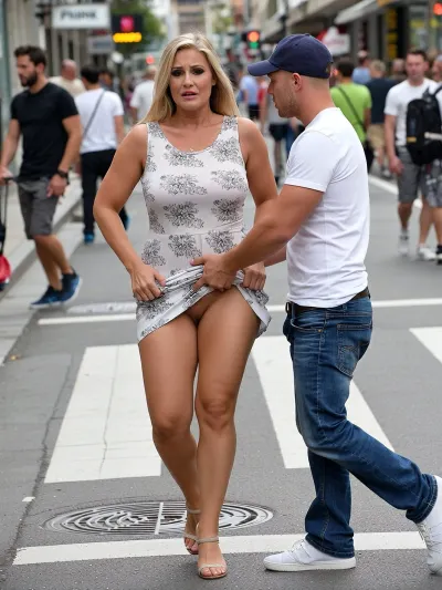 an extremely beautiful 30 years old woman, (((very voluptuous))), she is wearing a nice sleeveless short summer dress and high heeled sandals, she is walking on a busy but not crowed commercial street towards us, a man wearing a baseball cap and white t-shirt and blue jeans sneaks up behind her, he quickly pulls her skirt above her waist and immediately runs off to cross the street, the woman is embarrassed and tries to smooth her dress back down