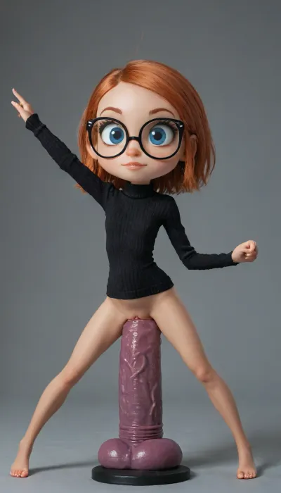 (Jack cayless art style), a woman with bright blue eyes, close up face portrait, emotionless, flying arms opened, detailed eyes, highly detailed, photography, ultra sharp, film, bokeh, professional, 4k, ginger, glasses, big ass, flexible, spreading legs, arched back upwards, goth, 30 year old, (old milf:.1), (skinny:1.5), (belly bulge:1.5), knitted, sweater, dress, tight, hyper massive huge extreme insane pussy dildo, extreme pussy insertion, Largest dildo possible, huge pussy toy, full body view, skinny small body, Tiny body, extremely wide dildo too big for futa and stretches pussy to breaking point, hyper extreme dildo wider than her thigh, pussy dildo, extreme insertion, hyper insertion, Biggest dildo imaginable, show full body in view, chibi, <lora:BT_Knitted_Sweater_Dress_XL:.8>, <lora:chibistylexl-v1-2:.8>