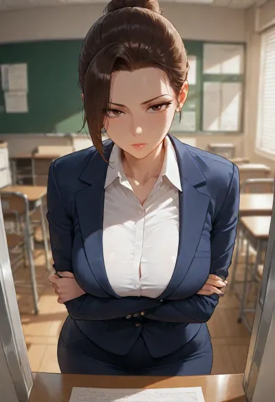 masterpiece, best quality, absurdres, newest, highres, very aesthetic, 1girl, solo, mature female, adult, milf, nsfw, brown hair, hair bun, hair pulled back, bangs, brown eyes, beautiful detailed eyes, mature face, light makeup, medium breasts, slim, office lady, navy blazer, white blouse, collared shirt, formal clothes, standing in doorway, leaning on doorframe, arms crossed, looking at viewer, evaluating gaze, serious, computer classroom, school computer lab, dusty desks, old PCs, crooked blinds, sunlight stripes, teacher's desk, cables, projector, detailed background, window light, cinematic lighting, depth of field, detailed face, detailed eyes, intricate details