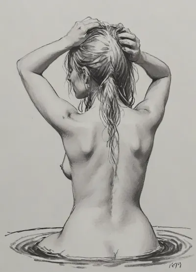 vex, naked, 30 year old, long blonde hair, bathing in water, hands on head, washing hair, view from behind, pencil sketch, monochrome, nude portrait, posing like artist's model, pencil, drawix17, dwx17, <lora:sketch_it:1>, <lora:Pencil_Sketch-06R:.5>, <lora:drawix17:.1>