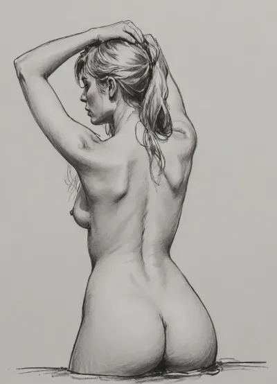 (vex from skyrim, naked, 30 year old, long blonde hair, small breasts), (bathing, hands behind head), back view, pencil sketch, monochrome, nude portrait, posing like artist's model, pencil, drawix17, dwx17, <lora:sketch_it:1>, <lora:Pencil_Sketch-06R:.5>, <lora:drawix17:.1>