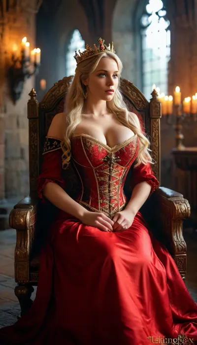 medieval queen. Full body, full view, 30 yo, long blonde hair, no makeup, ((chubby, fat)), in a medieval castle, the queen is sitting on her throne, elegant crown made of gold and ruby, ((leaning towards the viewer, view looking down her cleavage)), her loose white marvelous medieval black and red dress hangs down to reveal her massive cleavage, wasp waist, ultra tight corset, huge breasts, tight laced corset embroidered with gold, medieval noble hairstyle, dark lighting, candles and torches, nighttime, Throne room, downblouse view, ((Ultimate realistic photo details)), (((dynamic sexy pose))), (((bright sunlight))), detailxl, large, breasts, big, boobs, huge, tits, hkruler, <lora:MJ52:.8>, <lora:bombshell_v2:.2>, <lora:RulersOfRealmsXL:2>