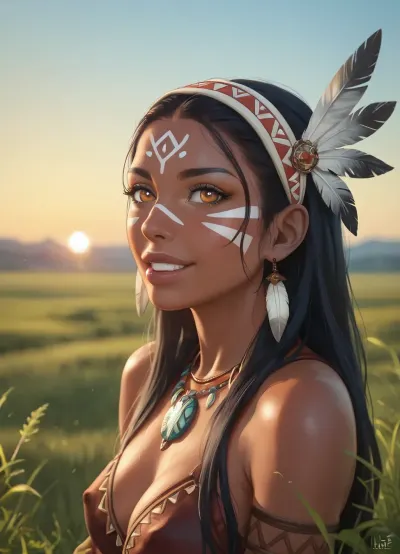 A close-up portrait of Little Fox from chest up against a backdrop of lush green plains with mountains visible in distance under natural lighting conditions during sunset time with warm hues filling up sky, Little Fox is wearing eagle feathers on headband adorning long black hair cascading down shoulders framing dark skin tone while full lips parted slightly revealing white teeth as he looks up towards someone off camera with eyes sparkling with joy, tribal face paint decorating forehead adding contrast against dark complexion, wearing nothing but necklace made from nature weave around neck holding eagle feather pendant, hands holding one-handed tomahawk resting gently on lap, body positioned slightly sideways facing camera showing off slender figure with slight feminine curves, intricate details visible on face including wrinkles around eyes indicating age, ultra realistic texture visible on skin under 8k UHD resolution, shallow depth of field used for isolating subject from background creating intimate atmosphere