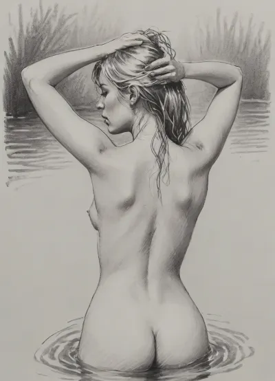 vex, naked, 30 year old, long blonde hair, bathing in water, hands behind head, view from behind, pencil sketch, monochrome, nude portrait, posing like artist's model, pencil, drawix17, dwx17, <lora:sketch_it:1>, <lora:Pencil_Sketch-06R:.5>, <lora:drawix17:.1>