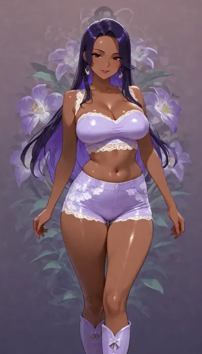 (25 year old dark skinned petite fuck machine hottie), tight white lace skirt, bare midriff, extremely tight thin tube top, highlights on purple hair, ((highly detailed face, dark eyes, lipstick)), (((diverse floral background tropical orchid:1.2))), ((purple slut wife, hot shorts), 38BB medium breasts, slight cleavage, front view, slut wife, subtle smile, floral top, lace skirt, pose pop hip to side, ((slutty boots)))