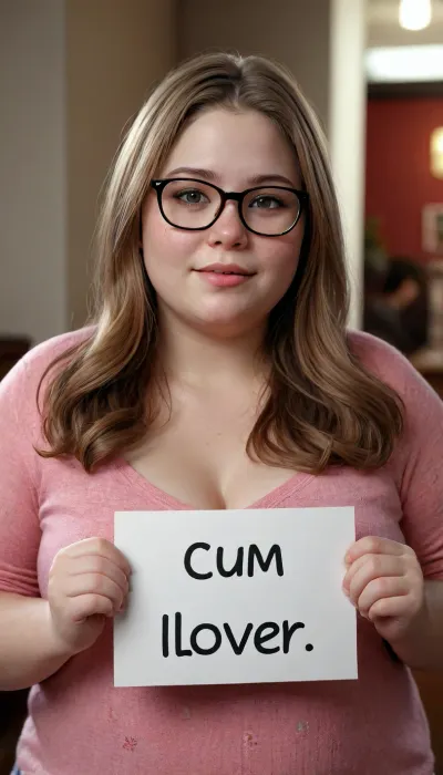 Fat Chubby plump girl with glasses, long Hair, fully clothed, upper Body only, Holding a sign With the words "cum lover", ((cum lover)), looking at viewer, text, as, "cum lover", style_brush, style_bebas, PEHoldingSign, <lora:detailed_notrigger:1.8>, <lora:photorealistic_portrait_notrigger:2>, <lora:textxl:2>, <lora:PE_HoldingSign:2>