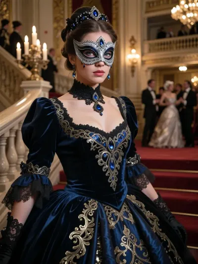 An ultra-realistic cinematic portrait of an exceptionally beautiful woman, from the chest upwards. She is standing, elegantly turned slightly in a three-quarter pose, yet looking directly into the camera. She wears a magnificent, exquisitely detailed, perfectly symmetrical masquerade half-mask, crafted from a dense, glossy dark blue and black material with a meticulously polished three-dimensional surface. The entire surface of the mask is lavishly encrusted with hundreds of tiny, sparkling diamonds, crystals and intricate gold filigree edging. Large, deep-blue sapphires are set into the central crown. A view of the shoulders and upper part of a majestic royal gown made of dark blue velvet and silk, adorned with rich gold embroidery and gemstone accents on the chest and collar. The backdrop is a sumptuous ballroom, with a strong bokeh effect, showing elegant people in evening gowns and tuxedos dancing beneath sparkling crystal chandeliers, as well as a staircase with a red carpet. A masterpiece, with photorealistic, three-dimensional cinematic lighting.
