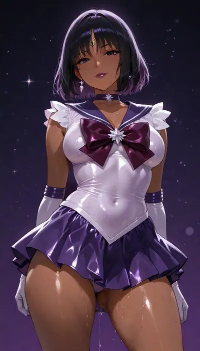 (((fluid dripping and oozing from thighs))), (((brightly lit image))), 25 year old dark skinned slut bitch girl of your dreams, purple sweetie wife with toned firm body, ((Sailor Saturn)), skirt, ((highly detailed face, dark eyes, lipstick)), ((costume cosplay sailor saturn dress purple satin and lace slut wife)), 38BB medium breasts, slight cleavage, ass front view, slut wife, subtle smile, side pose pop hip to side, (goth:.9), (cute starry cosmic background)