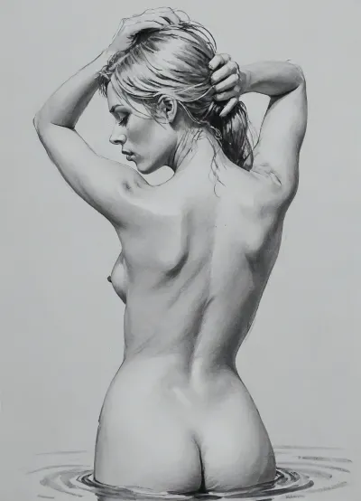 vex, naked, 30 year old, long blonde hair, small breasts, bathing in water, hands on head, view from behind, pencil sketch, monochrome, nude portrait, posing like artist's model, pencil, drawix17, dwx17, <lora:sketch_it:1>, <lora:Pencil_Sketch-06R:.5>, <lora:drawix17:.1>