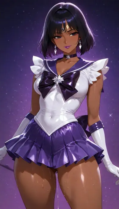(((fluid dripping and oozing from thighs))), (((brightly lit image))), 25 year old dark skinned slut bitch Filipina girl of your dreams, purple sweetie wife with toned firm body, ((Sailor Saturn)), skirt, ((highly detailed face, dark eyes, lipstick)), ((costume cosplay sailor saturn dress purple satin and lace slut wife)), 38BB medium breasts, slight cleavage, ass front view, slut wife, subtle smile, pose pop hip to side, (goth:.9), starry cosmic background