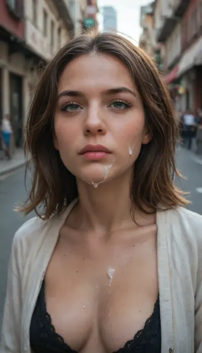photo of annoyed woman, cum on face, cold light, in streets, <lora:JustCum:.8>