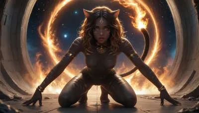 Sexy black female catgirl, space, solo catgirl, The catgirl has green eyes, war paint, flame, fire, (((the catgirl has Deep Black skin with Gold stripes.))), (The catgirl has long different hair colors on the left and right sides.), catgirl Has long curly hair, nude, with a wide open pussy, The catgirl fucks a dildo, (The catgirl has many large bright white tattoos.), full body view, The catgirl cum and squirting from her pussy, uncensored, catgirl, NEGATIVE_HANDS, <lora:HV_orientation_Rainbow_Lips:.8>, <lora:catgirl:.8>