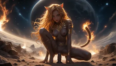 Sexy black female catgirl, space, solo catgirl, The catgirl has green eyes, war paint, flame, fire, (((the catgirl has Deep Black skin with Gold stripes.))), (The catgirl has long different hair colors on the left and right sides.), catgirl Has long curly hair, nude, with a wide open pussy, The catgirl fucks a dildo, (The catgirl has many large bright white tattoos.), full body view, The catgirl cum and squirting from her pussy, uncensored, catgirl, NEGATIVE_HANDS, <lora:HV_orientation_Rainbow_Lips:.8>, <lora:catgirl:.8>