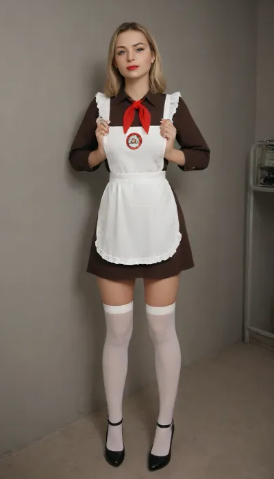 Woman 25 years old, tall, slim figure, big breasts, pretty face, blonde, long square, red lips, blue eyes, Soviet school uniform 1980, ((dark brown dress, white big direct apron, apron with cables)), pioneer tie, white stockings, red high-heeled shoes, spread open pyssy, school class, super realism, high quality picture, high definition detail, suxl, pionyrs, shirt, neckerchief, skirt, sash, badge, panties, pulled, to, side, pussy, shaved, <lora:suxl:1.6>, <lora:pionyrka:.1>, <lora:Pussy_pants_nohands_D03_realvizXL2_bucket_01-000010:1.4>