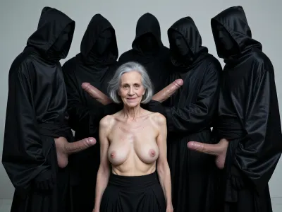 A full-body view at a distance of 4 meters, from head to toe. An elderly, innocent, topless, cheerful grandmother who's wearing a blouse, (an aged woman, 70 years old:1.8), . Her skin is that of a 70-year-old woman. The old lady has grey hair, (Small, long, and very saggy breasts:1.8), ((very detailed skin)), . Hair cut in a bob, surrounded by men's giant penises
A group of five figures standing together in a tight formation, mysterious and dark aesthetic, each person wearing long, voluminous black hooded cloaks, textured fabric with subtle glossy sheen, complete facial obscuration in deep shadows, neutral studio background, minimalist composition, avant-garde fashion photography style, high contrast, cinematic lighting, sharp focus, haunting atmosphere, monochromatic dark palette, 8k resolution, detailed drapery, high fashion runway look.