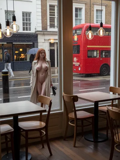 Cinematic street photography, editorial style. A view from inside a cozy London cafe onto a rainy street through a large floor-to-ceiling picture window. Water drips down the glass in places, distorting the view outside. A redhead woman walks outside in the rain.
Interior, (foreground), Empty wooden tables and chairs in a minimalist Scandinavian style are arranged near the window. Warm wooden floors. Several Edison bulbs in glass shades hang from the ceiling, casting a soft, amber-colored light that creates a cozy atmosphere. The interior is in warm beige and brown tones.
Outside, (background), Raindrops are visible on the glass. A wet London street in the rain. A young woman with long, dark, wet hair walks along the sidewalk behind a rain-streaked window. She's naked and barefoot, wearing a classic beige trench coat. She has large, pendulous breasts, a hairy vagina, and holds a pair of black high-heeled shoes in one hand. Her trench coat and hair are wet from the rain. A bright red double-decker bus, an iconic London symbol, passes by on the street. The wet asphalt reflects the light. Pedestrians with umbrellas and the facades of the city's old Georgian buildings are visible in the background.
A melancholic, nostalgic mood. Cinematic composition, depth of field. Shot indoors.