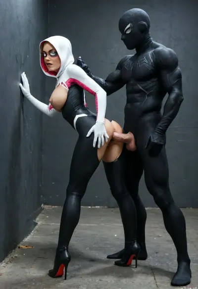 Spider Gwen, Spider Gwen costume, slim body, super slim waist, silly, bending over, torn costume, breasts naked, giant breasts, topless, (fucked by Spiderman), ((man symbiote Spiderman costume)), ((penetration anal, anal sex)), two person, full body, Symbiote, Suit, spider-man, symbiote, big cock, superhero, bodysuit, mask, spiderweb in scene, Object, gd, erection, toy, large, 1boy, <lora:Symbiote Suit:.8>, <lora:Spider-Gwen:.8>, <lora:checkpoint-e18_s666:.8>, <lora:Penis_XL:.8>